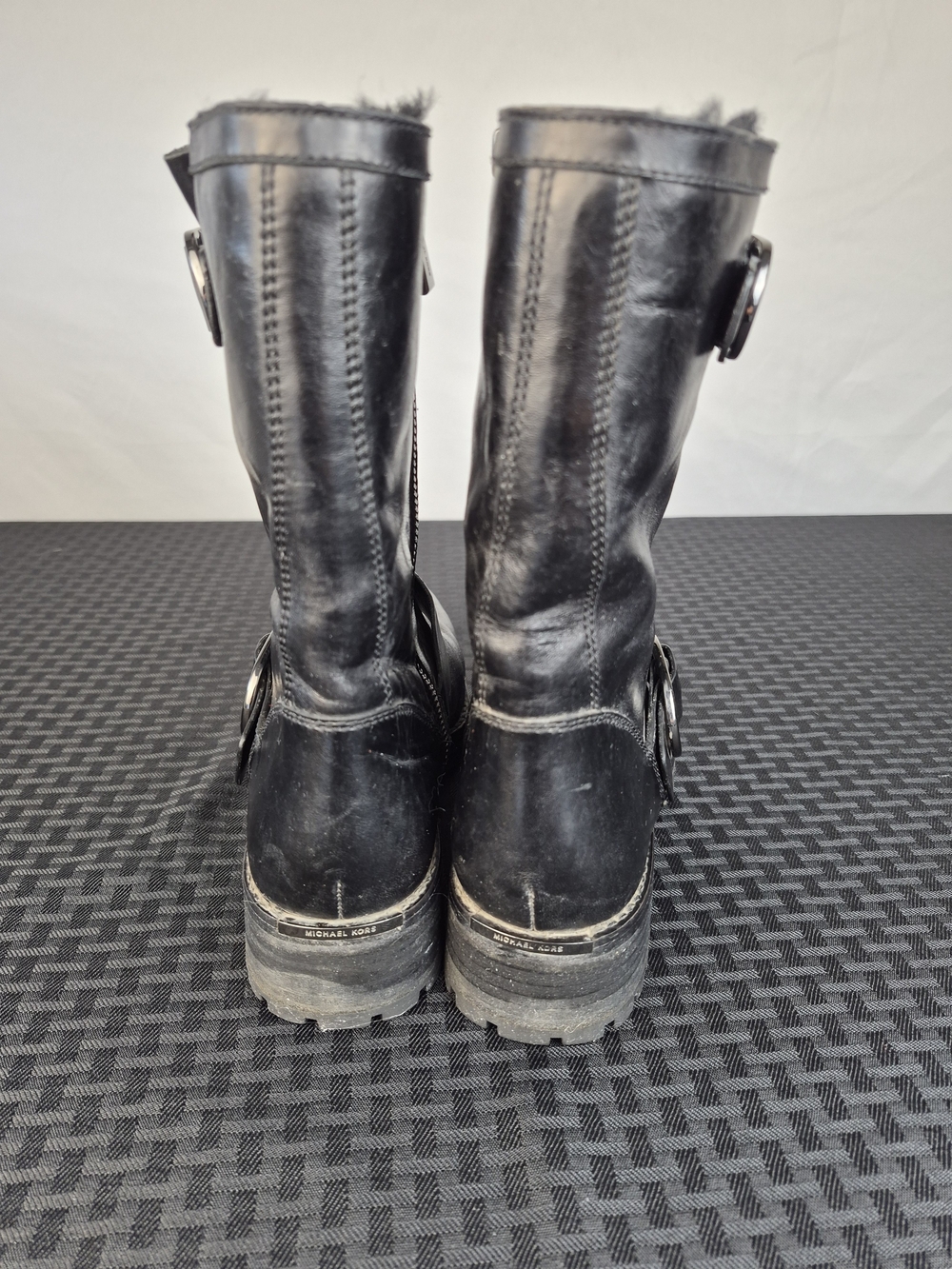Michael Kors Black Leather Buckle Moto Boots with Shearling Trim - Picture 5 of 10
